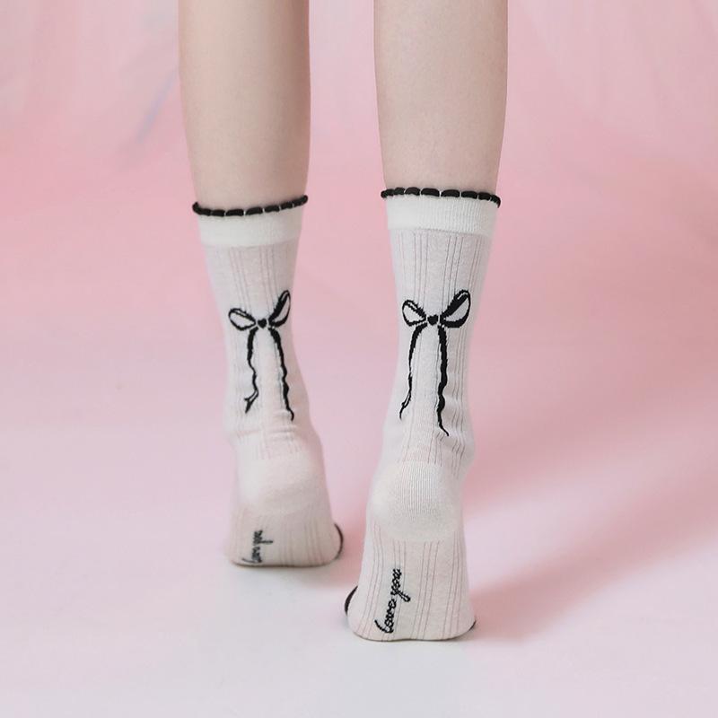Trendy Summer Bow Lace Mid-Calf Glass Silk Ballet Socks