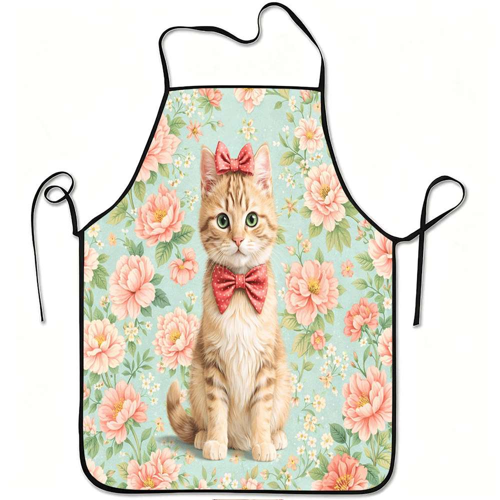 1pc of Adorable Cat Apron with Red Bow and Floral Pattern, Durable and Easy to Clean, Made of Polyester, Suitable for Kitchen Cooking, Gardening, Orch