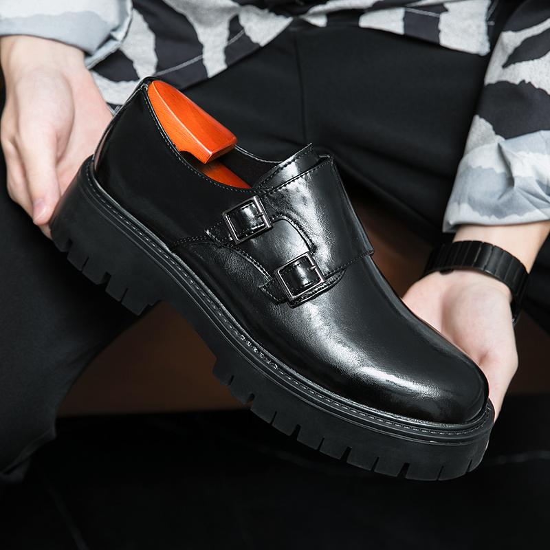Modische schwarze Herrenschuhe mit Plateau-Oxford-Schuhen, formelle Lederschuhe mit Doppelknopf, dicke Sohle, Mokassin, weiche Sohle, Freizeitschuhe