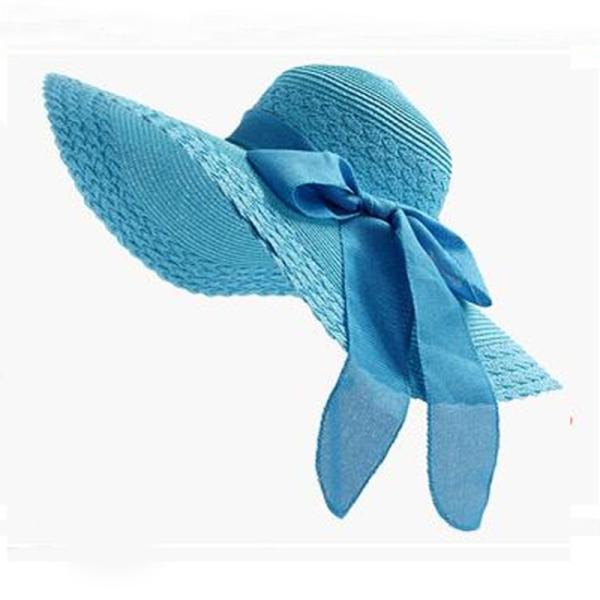 

HT1681 2018 New Korea Style Women Summer Hats Big Bow Solid Large Wide Brim Hats Packable Floppy Beach Sun Hat Female Straw Hats небо синє кольору
