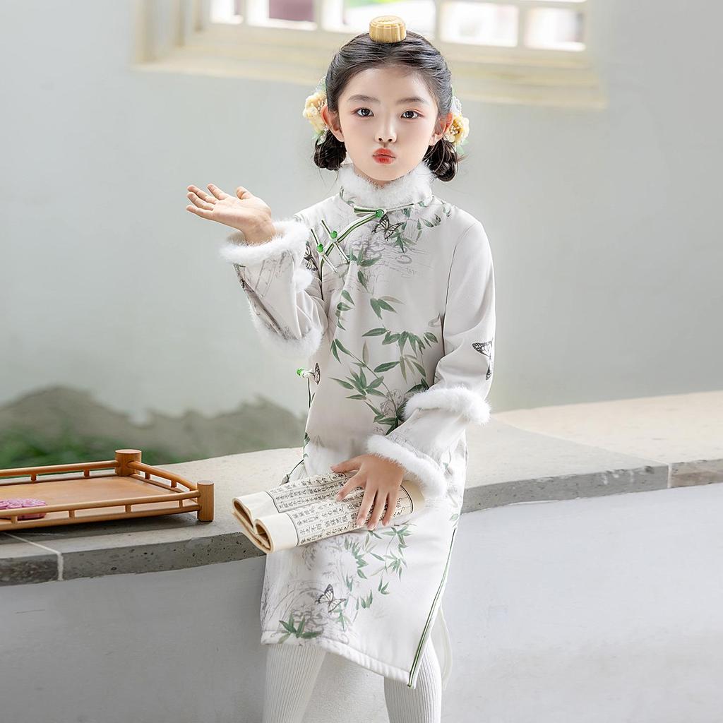 2025 New Girls' Winter Qipao: Long Sleeve Princess Dress for Big Kids - Autumn/Winter Chinese Style