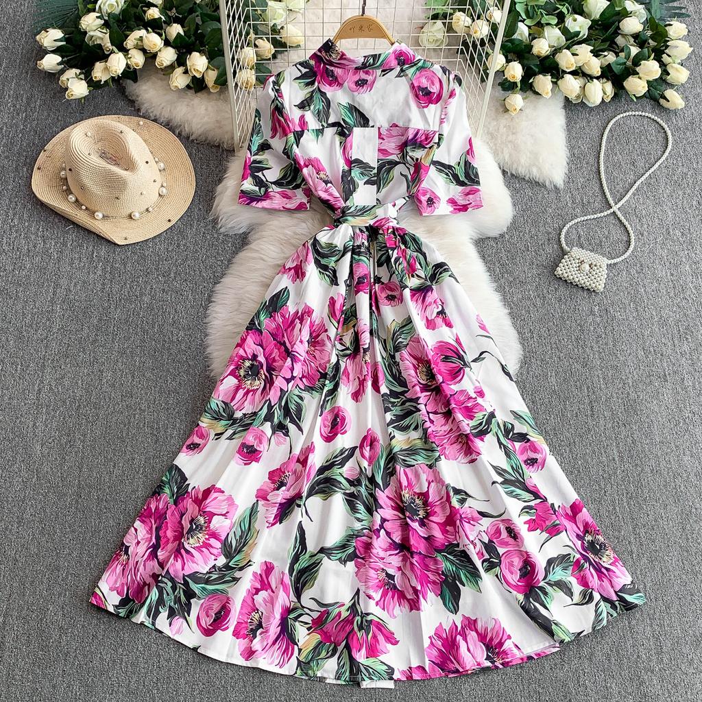 French Wear Temperament Printed Lapel Shirt Dress Women's Summer Vacation Style Strap Waist Skinny Long Dress