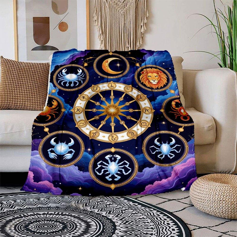 Horoscope Zodiac Signs Wall Art Print Blanket Flannel Throw Blanket for Sofa, Bed, Travel, Camping, Office 100x150cm