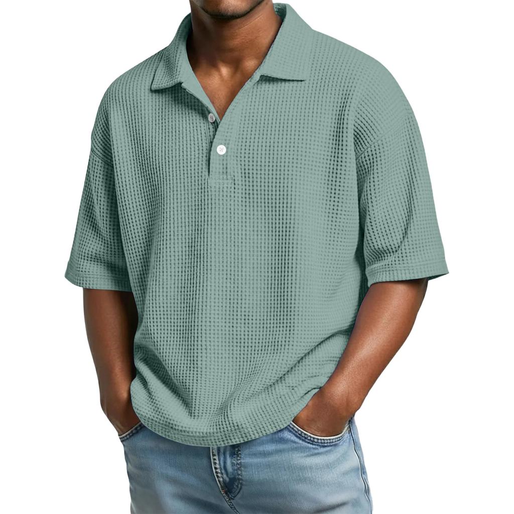 Versatile Men Waffle Knit Polo Shirts Short Sleeve Lapel Neck Solid Loose Casual Daily Male Tops