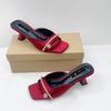 Square Toe Block Heel Rhinestone Single Strap Sandals Women High Heel Casual Summer Slide Shoes