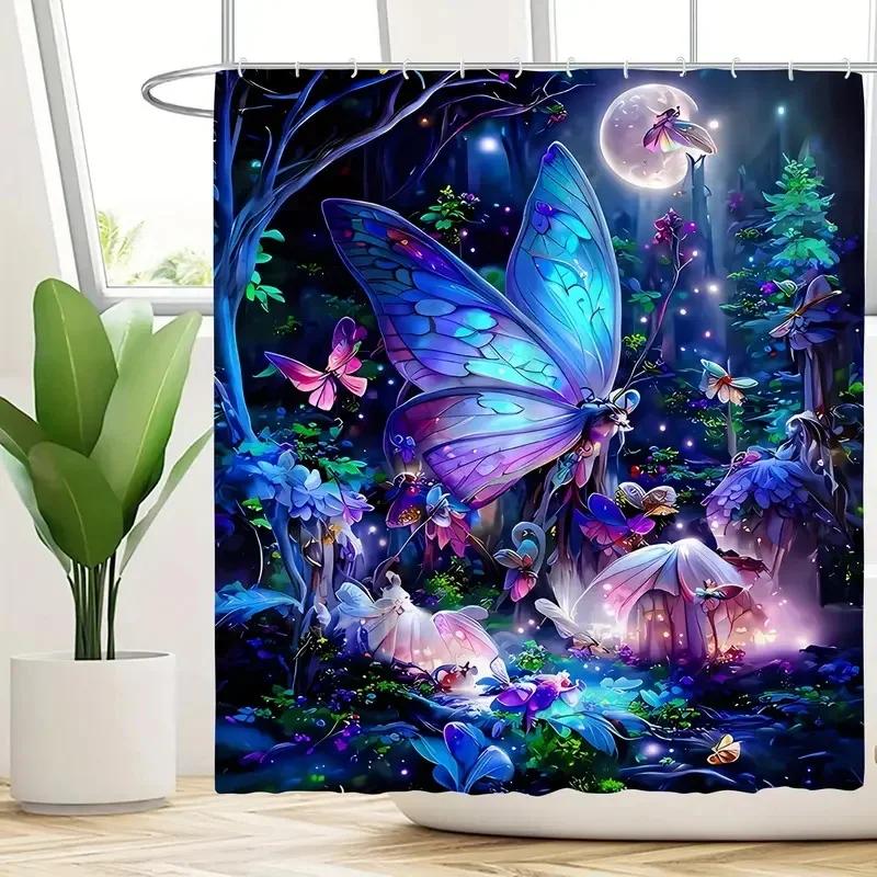 Butterfly Print Shower Curtain Family Bathroom Decoration Polyester Fabric Bathtub Curtain Bathroom Partition Room Decoration