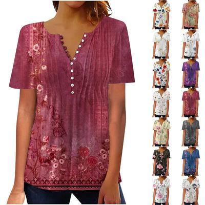 Tops For Women Floral Print Crewneck Casual Blouse Buttons Pleated Short Sleeve Loose Pullover Shirt