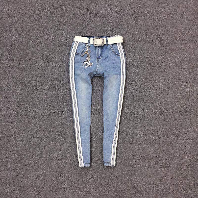 

Модные джинсы зауженного кроя с контрастными цветами, стройнящие Light blue side silver webbing XS
