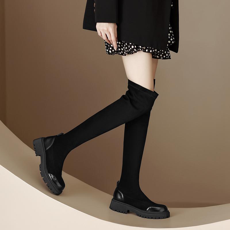 Krazing Pot Flock Autumn Winter Shoes Med Heels Size 43 Stovepipe Boots Round Toe Keep Warm Zipper Over-the-knee Boots