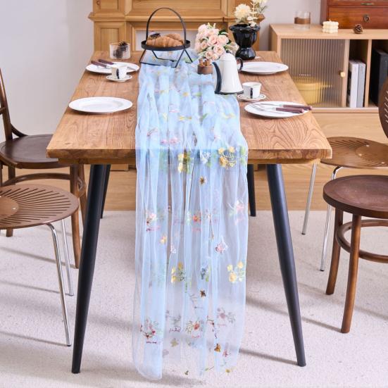 Bestickter Blumiger Tischläufer Transparenter Tüll Tischläufer Schmetterlingsblumen Tischläufer für Esstisch Hochzeit Babyparty Frühlingsfest