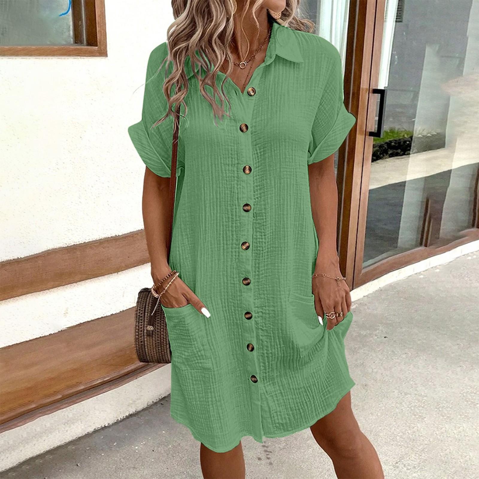 

Модное женское летнее повседневное платье на пуговицах с коротким рукавом и v-образным вырезом XL зелёный
