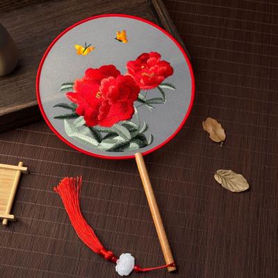 Red Flower Silk Fan Double Sided Embroidery Round Fan Chinese Palace Hanfu Hand Fan Craft Wedding Gift For Guests Home Decor