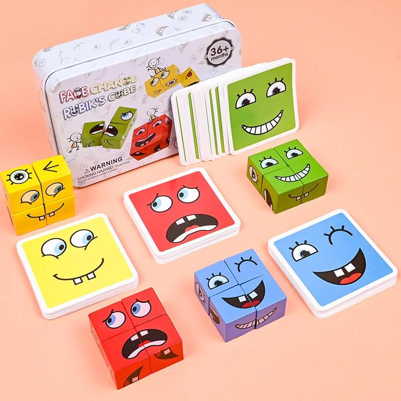 Wooden Face Changing Cube Toys Building Blocks for Cartoon Puzzle Jigsaw Kids Toy Educational Board Game
