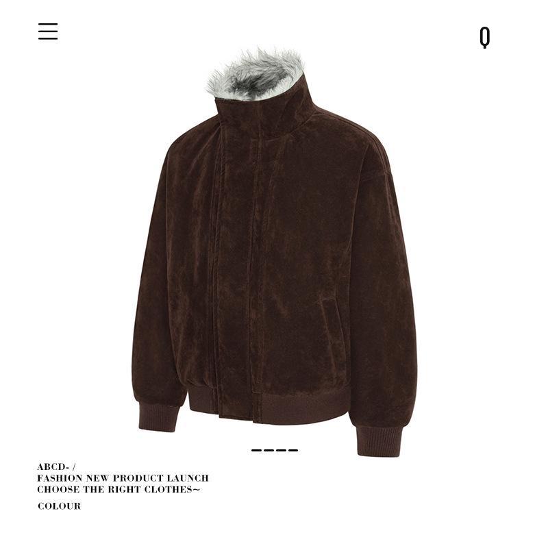 Unisex Winter Hunting Jacket: Wolf & Eagle Design, Thick Velvet & Cotton, Asymmetrical Lapel, Suede Accent, Stand Collar.