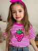 Girls T-Shirts Strawberry Sequin 3D Printed Summer Short Sleeve Tee Stripe Round Neck Loose Tops Streetwear Children's Clothing