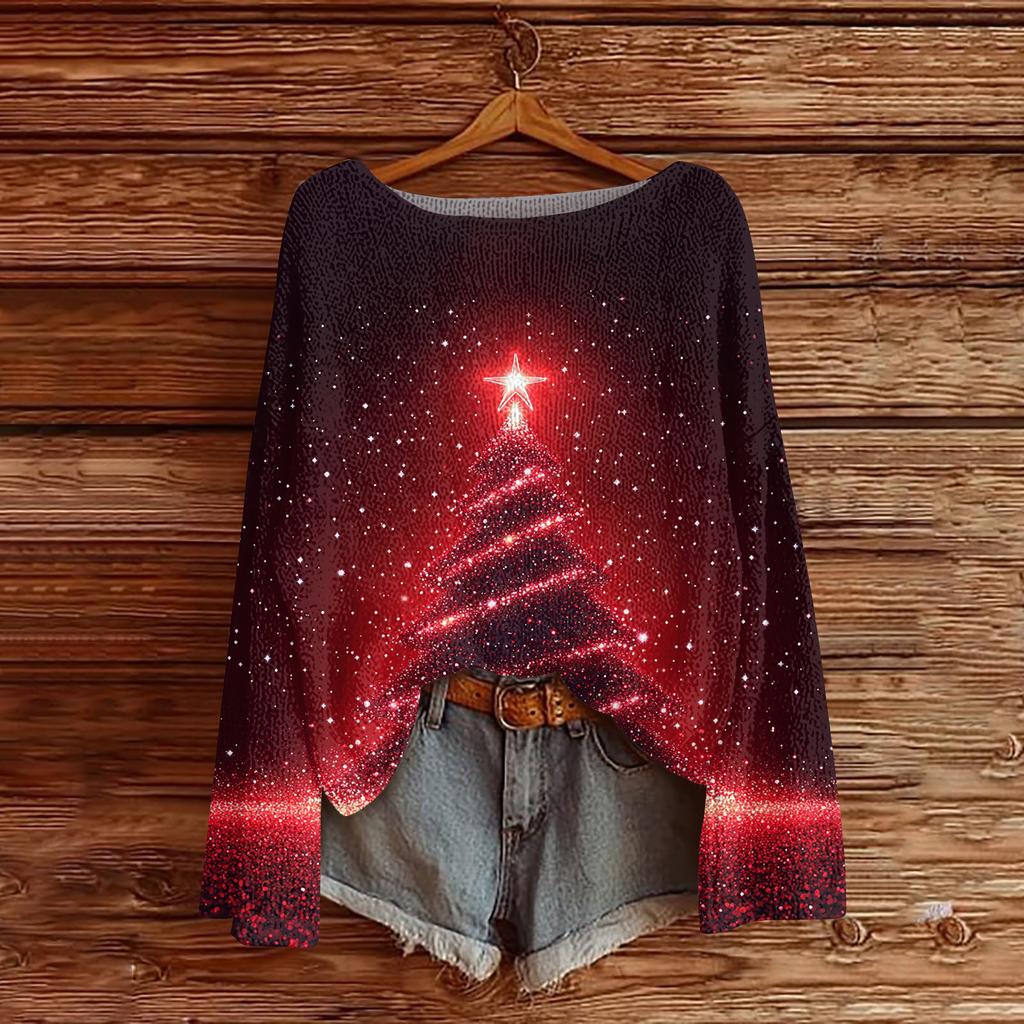 Ladies' Fashionable Casual Long Sleeved Christmas Printed Round Neck Knitted Yarn