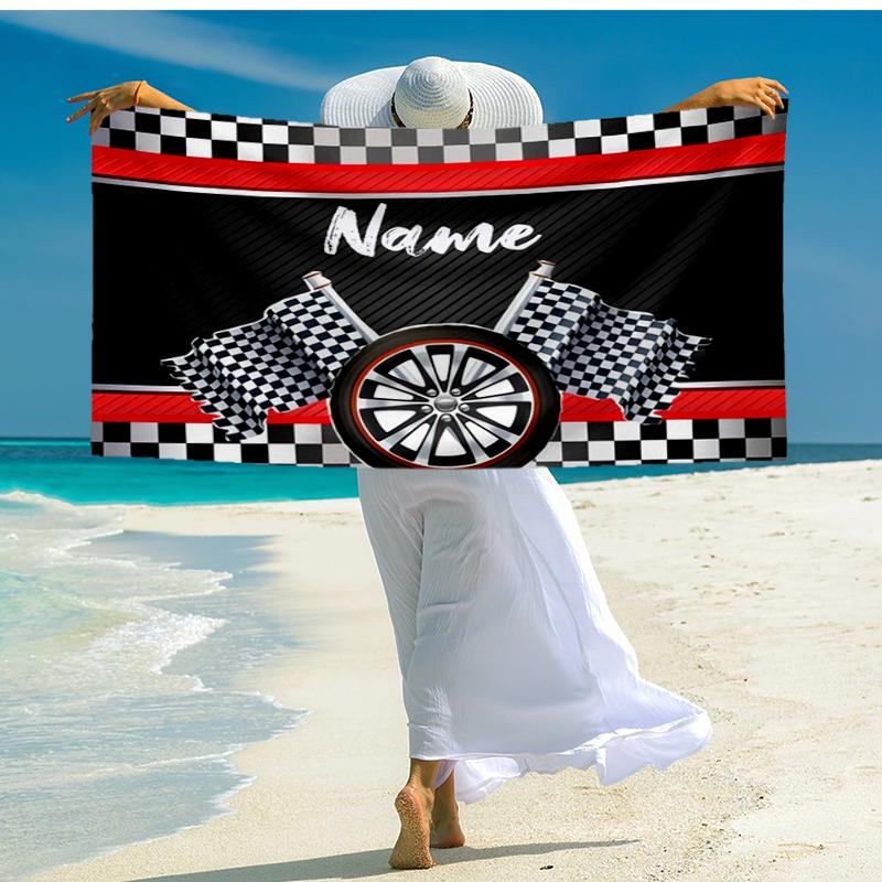 Custom Name Ultra-Soft Beach Towel with Racing Theme,Ideal for Pool - Camping, Diving - Perfect Travel Essential, Vibrant Beach Towel.
