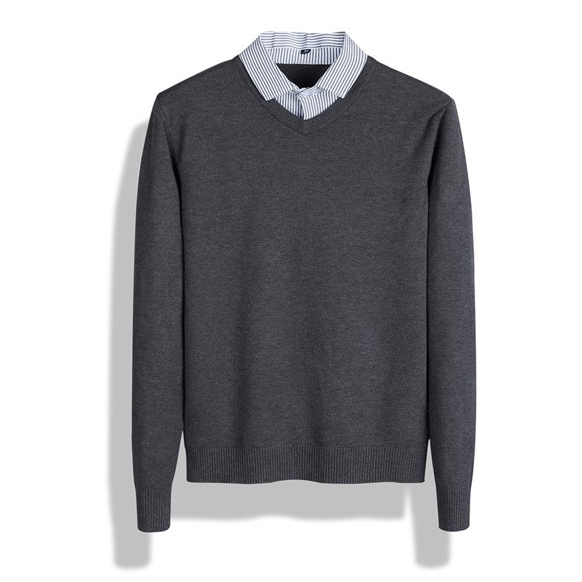 2026 Men's V-Neck Faux Two-Piece Knit Sweater - High-End Business Casual Inner Wear for Spring and Autumn