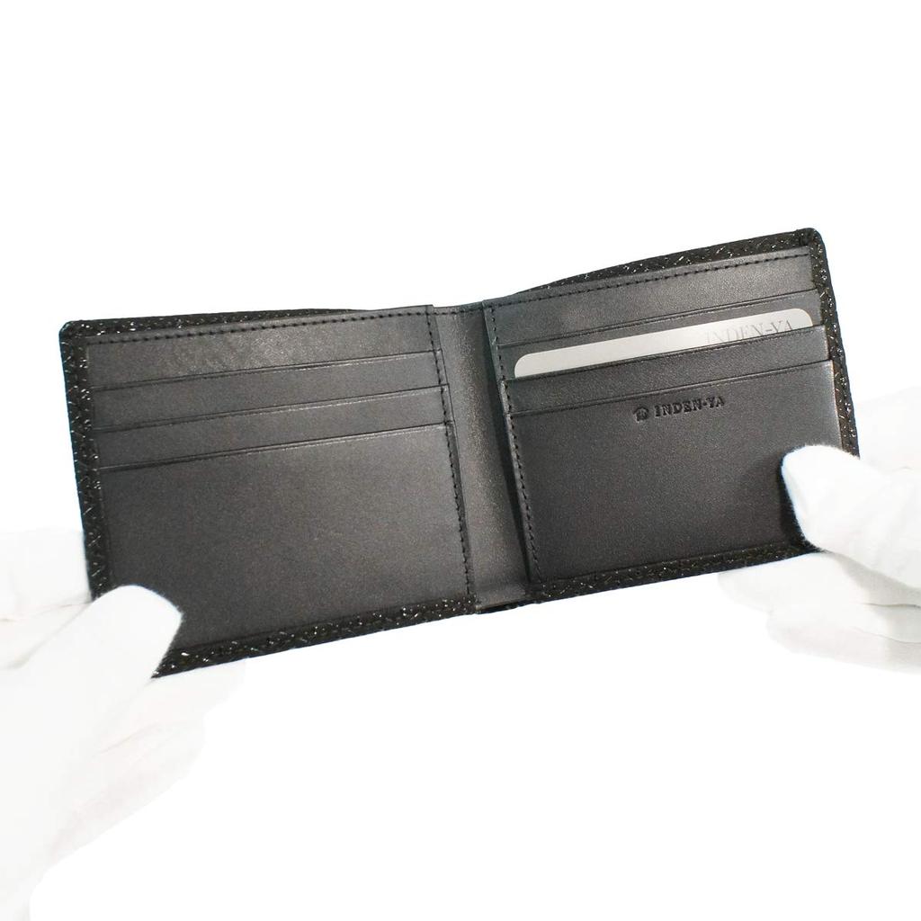 [Inden-ya] Portefeuille Bifold Inden, Compartiment à billets I, Sans porte-monnaie, Peau de cerf, Noir avec laque noire, Motif gourde, 2005-01-007