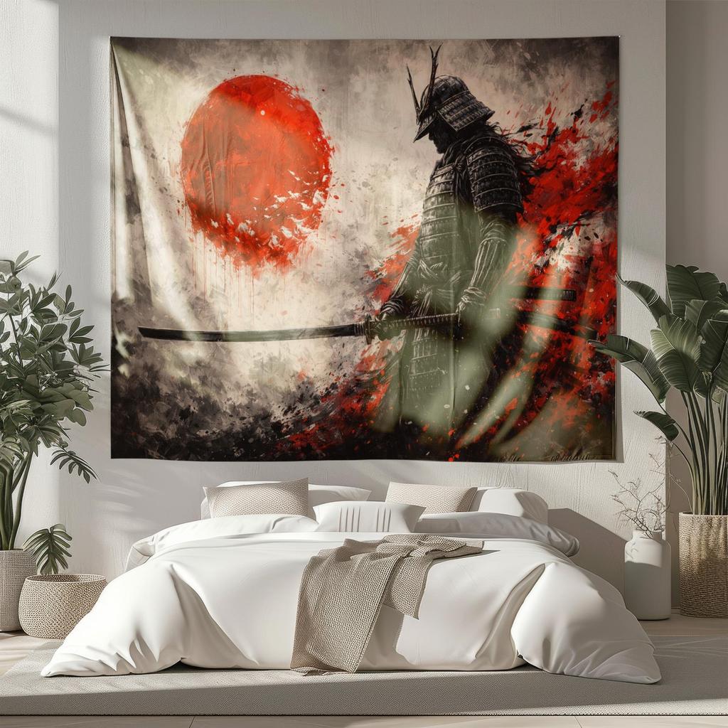 Samurai Wall Art Tapestry Japanese Warrior Red Sun Japan Decor Asian Aesthetic