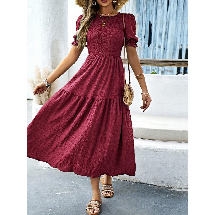 Casual Vacation Style Lotus Leaf Sleeve Cinched Waist Women's Long Dress 2025