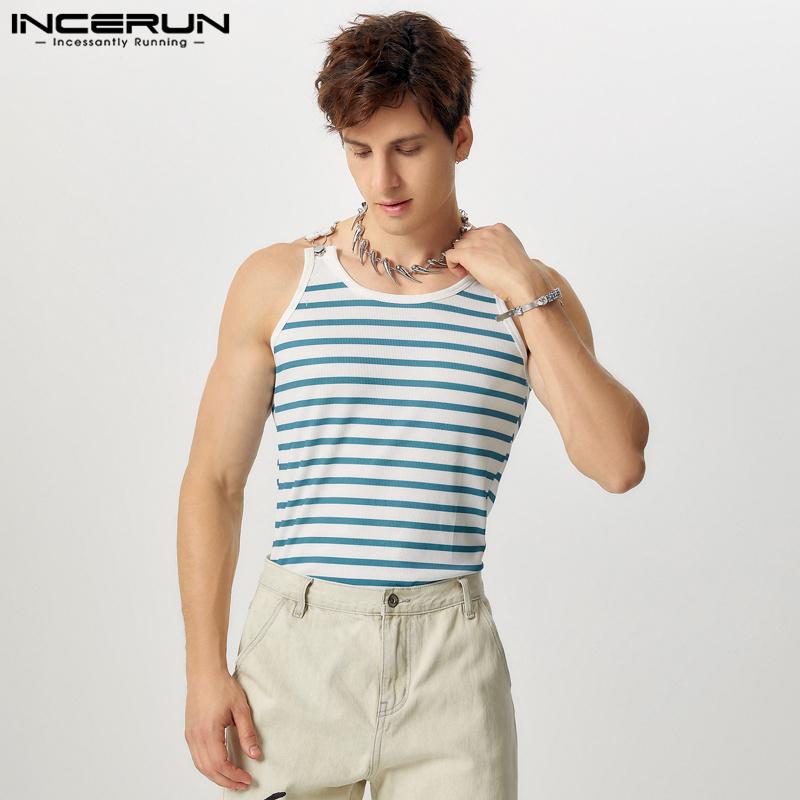 INCERUN Men Summer Sleeveless Tank Tops Striped Print Racerback Vest