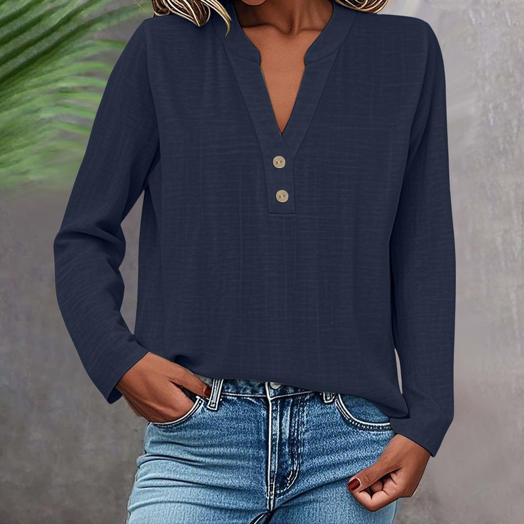 Long Sleeve Linen Tops For Women Loose Fit V Neck Button Down Shirts Cute Solid Summer Beach Tee Shirts