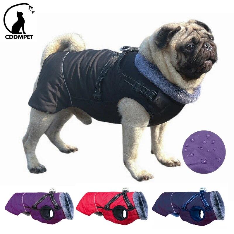 

Wasserdichte Hunde kleidung mit Geschirr für mittelgroße Hunde Зимние теплые штаны Pelz halsband Haustier Hunde, отражающая французская куртка