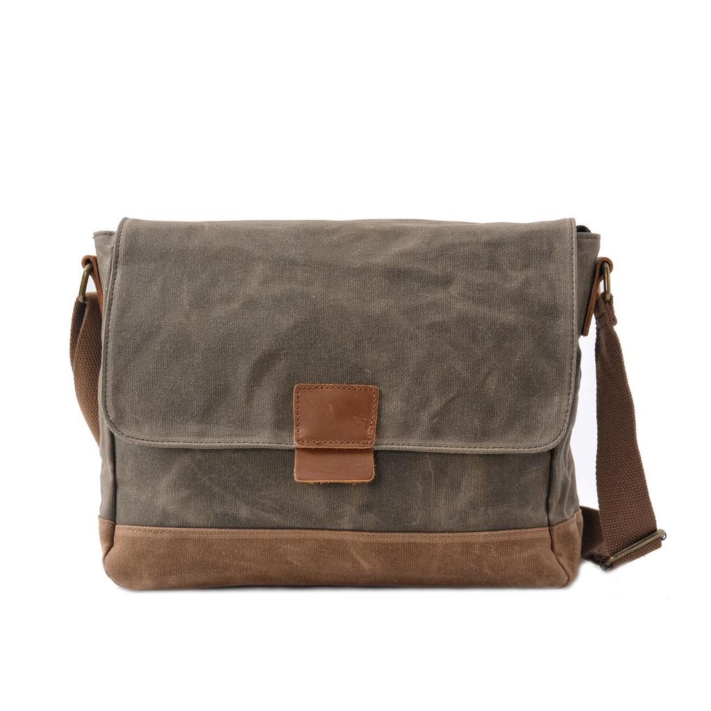 Waxed Canvas Patchwork Crossbody Bag - Top Grain Cowhide, Waterproof, Retro, Casual Men's Shoulder Bag