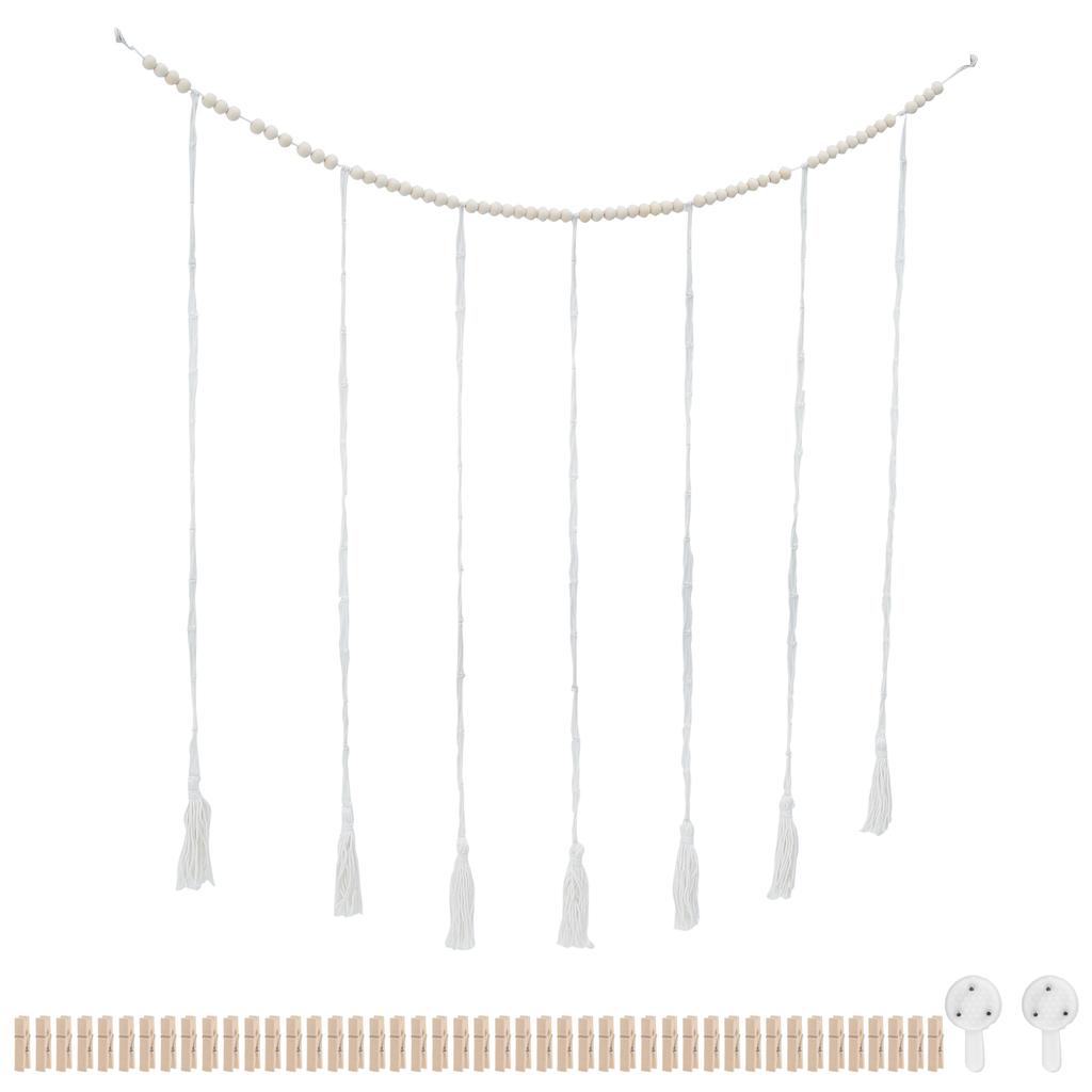 Wandbehang-Fotodisplay mit 45 Clips, dekorativer Collage-Bilderrahmen, DIY-Fotoschnur mit Holzperlen-Girlande für Schlafzimmer