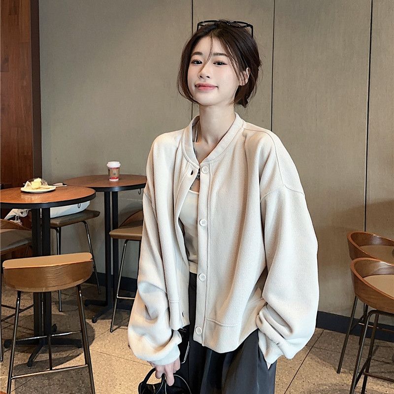 Женская однотонная толстовка с длинным рукавом, короткая куртка, оверсайз дизайн, нишевый кардиган, повседневный универсальный студенческий топ S