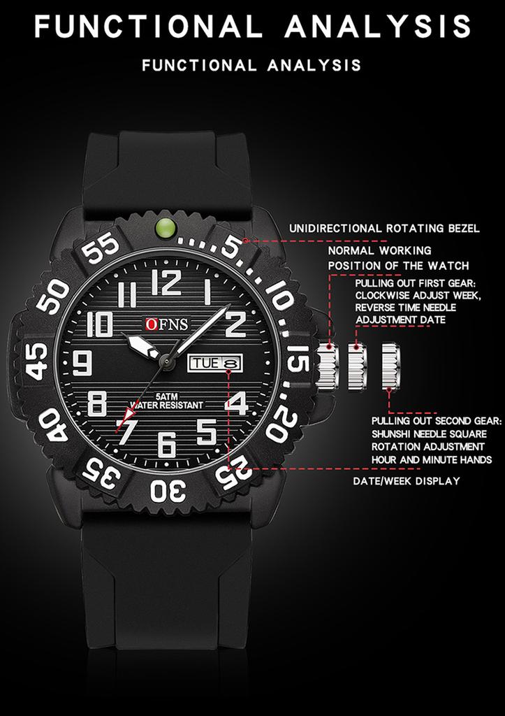 OFNS 1303 High-end Electronic Double Calendar Quartz Watch Fashion Trend Men's Watch Digital Waterproof Wristwatch