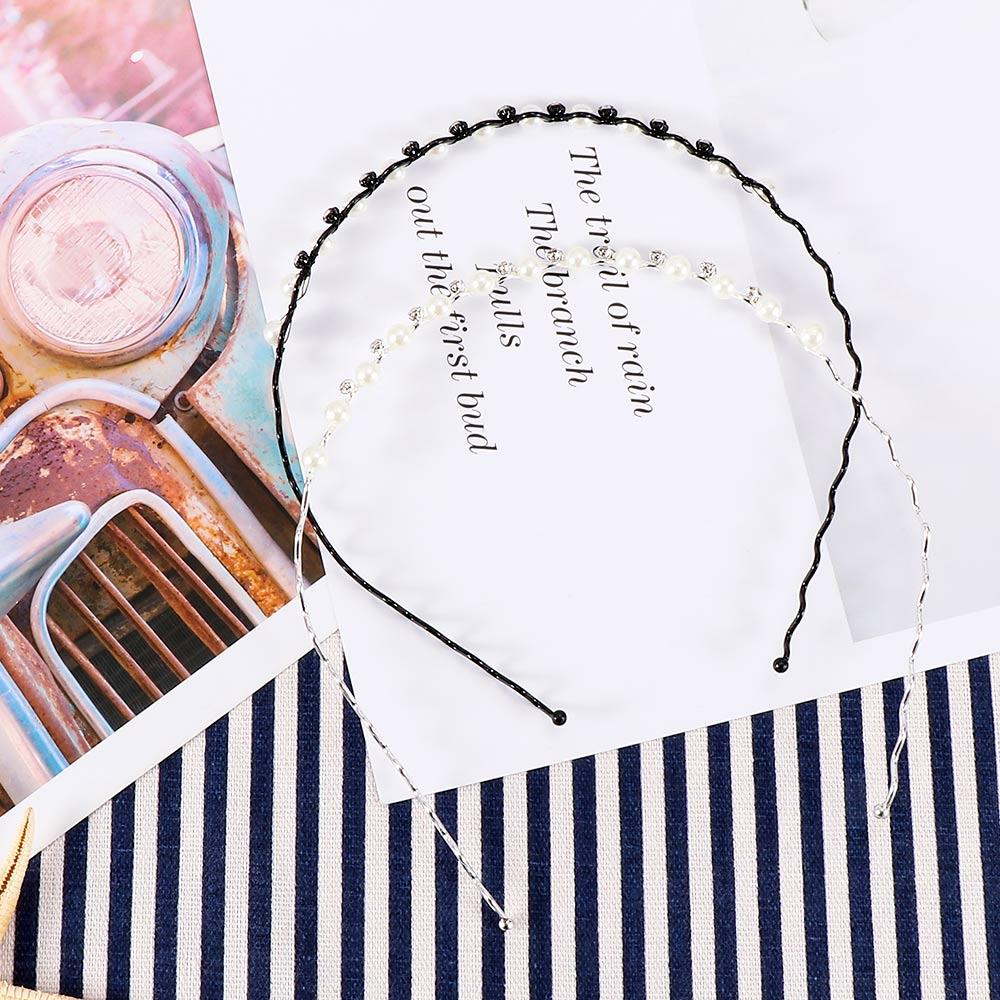 Headband Accessories Rhinestone for Women Headwear Black Silver Metal Pearl Crystal Wave Hairband