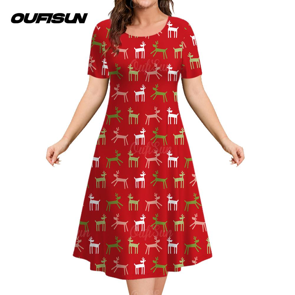 

Женское платье с короткими рукавами и принтом красного оленя, рождественское, с принтом животных, летняя одежда с круглым вырезом, модные повседневные элегантные платья для вечеринок L
