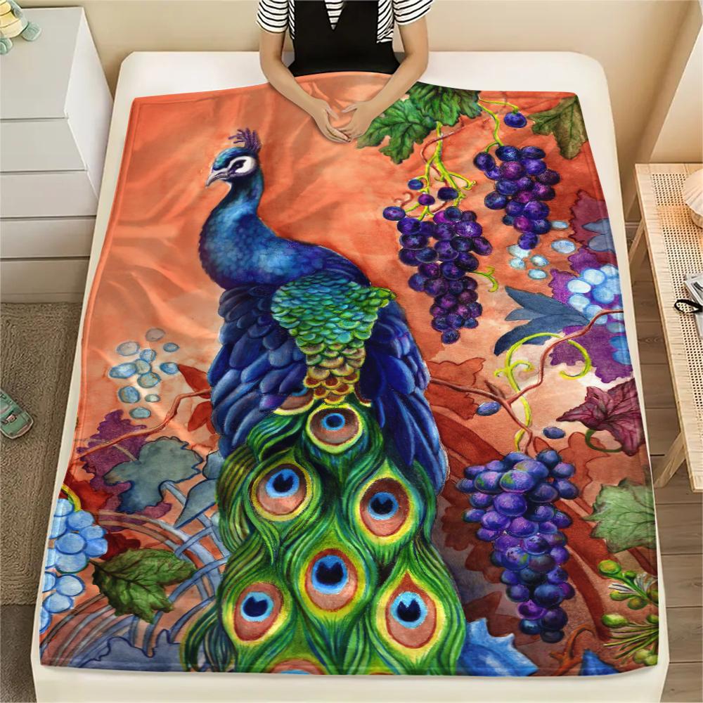 1Pc Peacock Oil Painting Print Flannel Blanket, High Quality Comfortable for All Seasons, Home Decor, Warmth and Comfort, Perfect for Christmas Gifts