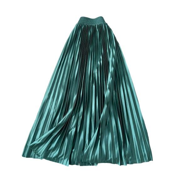 Maxi Skirt High Waist Glossy Long Skirt Solid Color Pleated Design Large Hem Dance Skirt Work Leisure Daily Wear