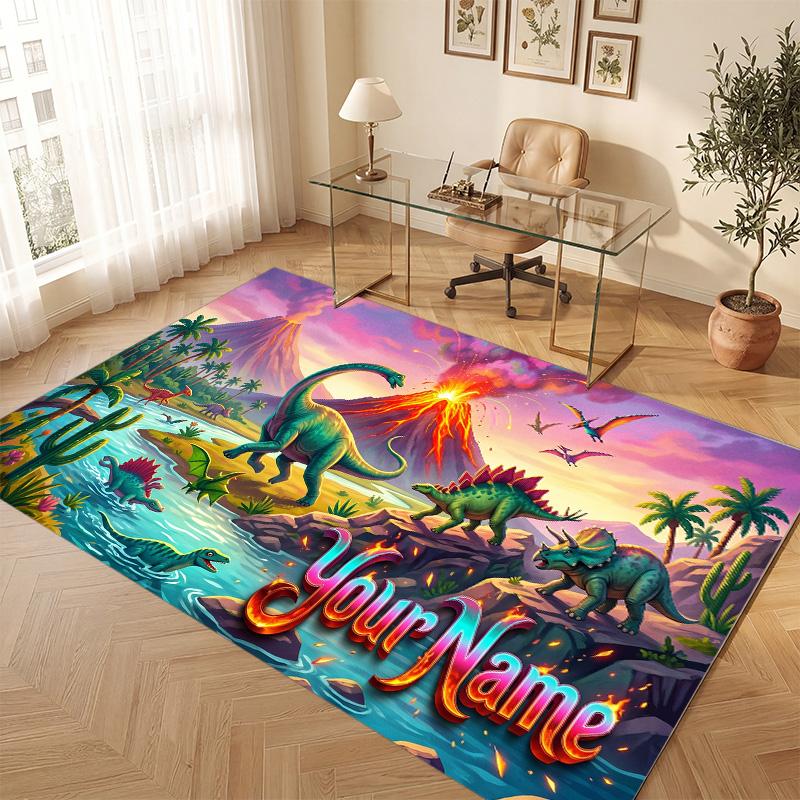 Dinosaur Theme Soft Crystal Velvet Rug Custom Name & Text Print Non Slip Floor Rug for Bedroom Living Room