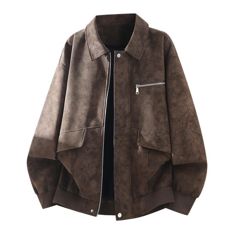 Mens Matte Tie-Dye PU Leather Jacket Loose Fit Retro Workwear Style Fall Casual Outerwear