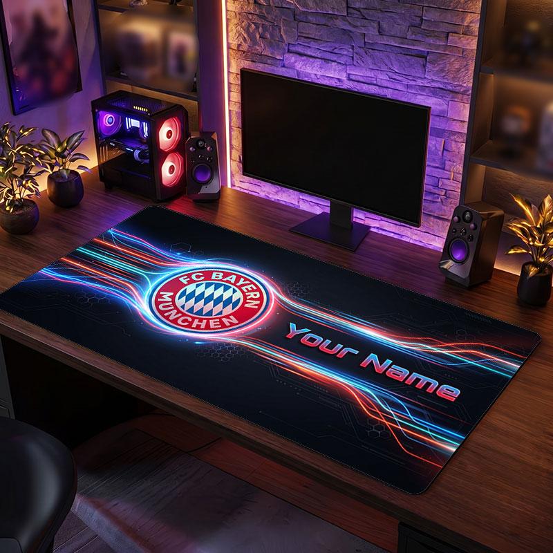 Bayern Munich Custom Large Mouse Pad, Personalized Name Text Print, Football Logo Non‑Slip Desk Mat Gaming Gift