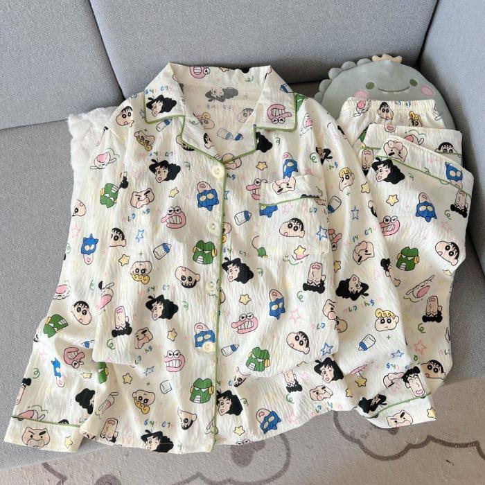 Women's Spring & Autumn Cloud Cotton Pajama Set - Thin Print & Embroidery, Loose Fit, Long Sleeve & Pants Home Wear.