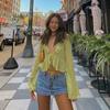 2025 Summer Deep V-Neck Ruffle Tie Long Sleeve Sheer Top