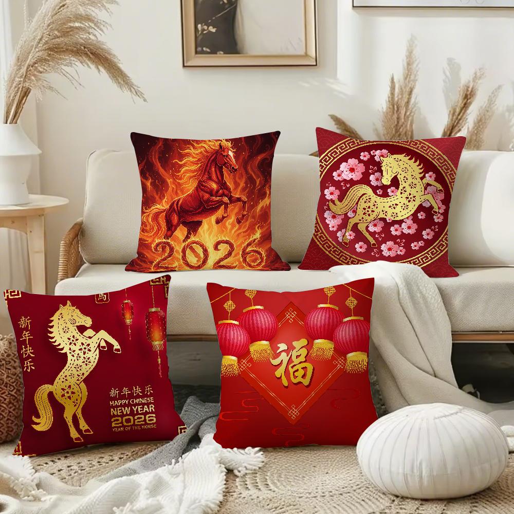 Chinese New Year Horse Pillow Case Square Double-Sided Printing Sofa Cushion Cover Pillowcase Bedroom Bedside