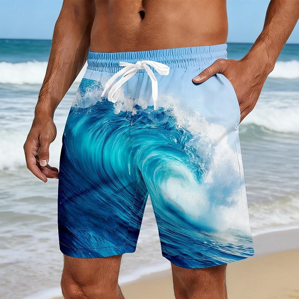 Men's Seawater Waves Printed Shorts Mid Waist Elastic Drawstring Side Pockets Hawaiian Beach Style for Spring Summer