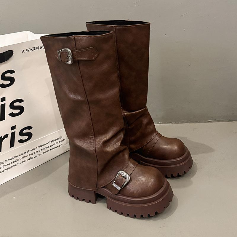 Big Head Pants Boots Pile Boots Women's 2025 Thick-soled Height Increasing Western Boots But Knee Knight Boots Tall Martin Boots