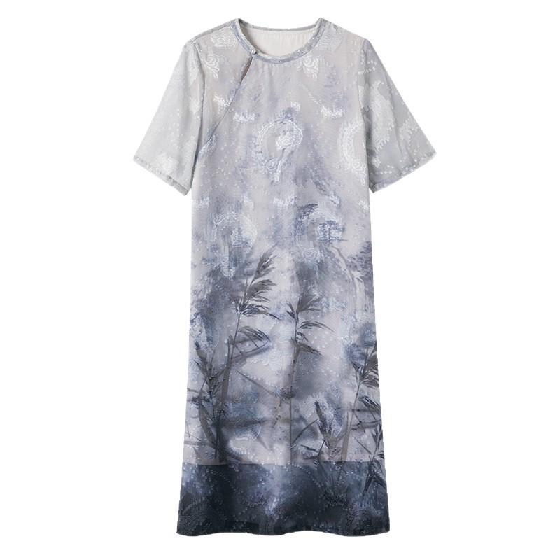 Elegant Chiffon Cheongsam: Stylish Summer Short-Sleeved Dress for Middle-Aged and Elderly
