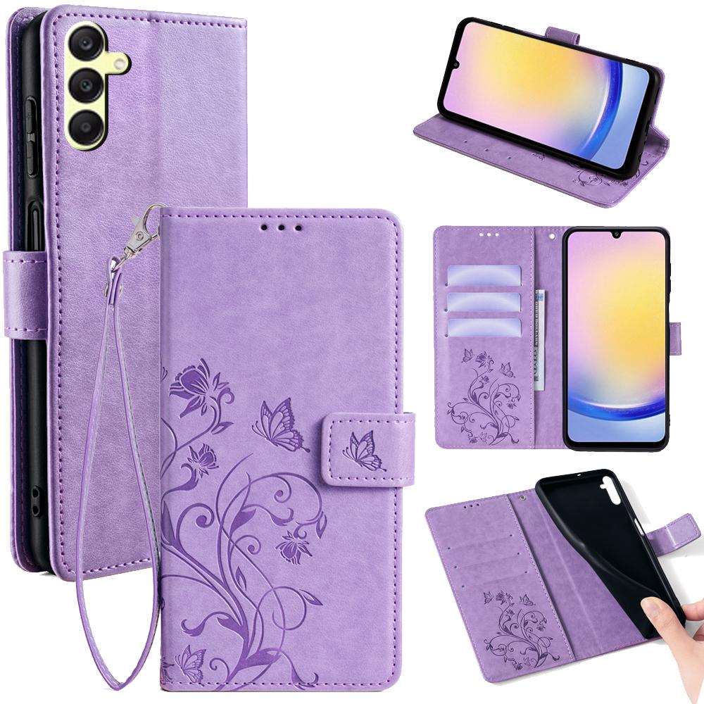 For Samsung Galaxy A25 5G (Global) (161.0 x 76.5 x 8.3mm) Etui Sommerfugl Blomst PU Lær Telefon Folio Cover