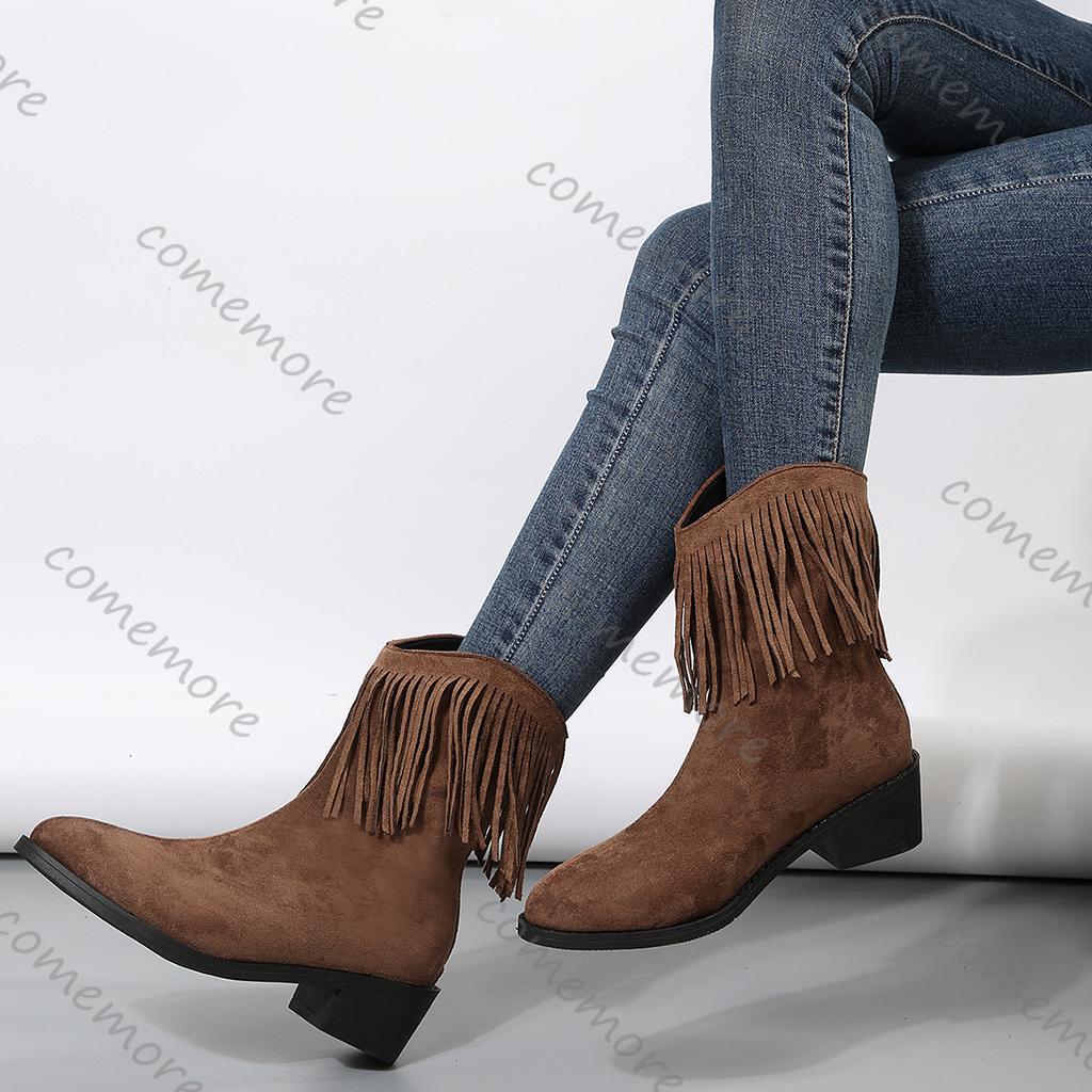 Fashion Comemore Suede Black Brown Tassels Western Knight Boots Women Autumn Winter Thick Middle Heel Cowboy Botas Fashion Women's Shoes