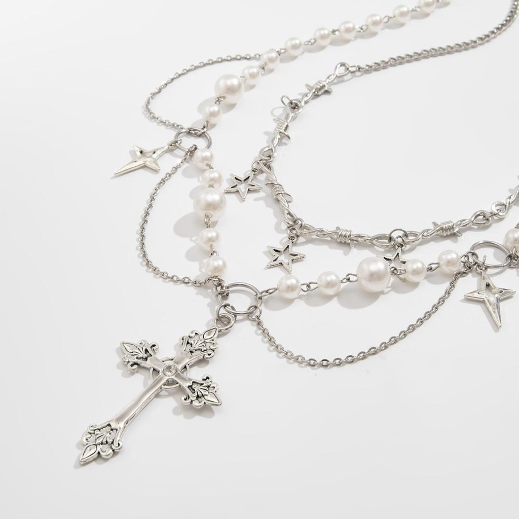 2pc Elegant Crosses Pearls Necklace Versatile Crosses Pendant Pearls Necklace Jewelry for Faithful Fashionistas
