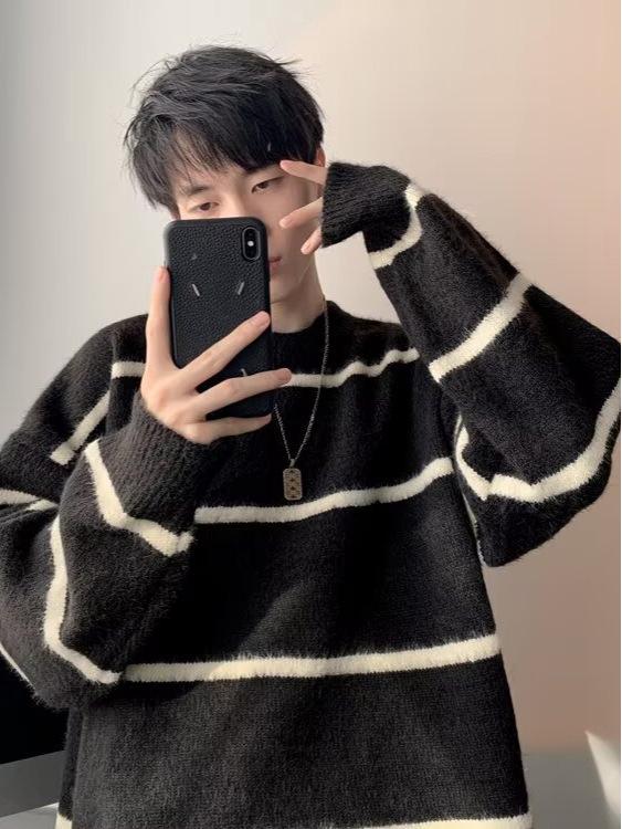 Herbst-/Winter-Herren-Strickjacke mit Streifen, lässiger Stil, koreanischer Stil, Stehkragen, vielseitig für Paare.