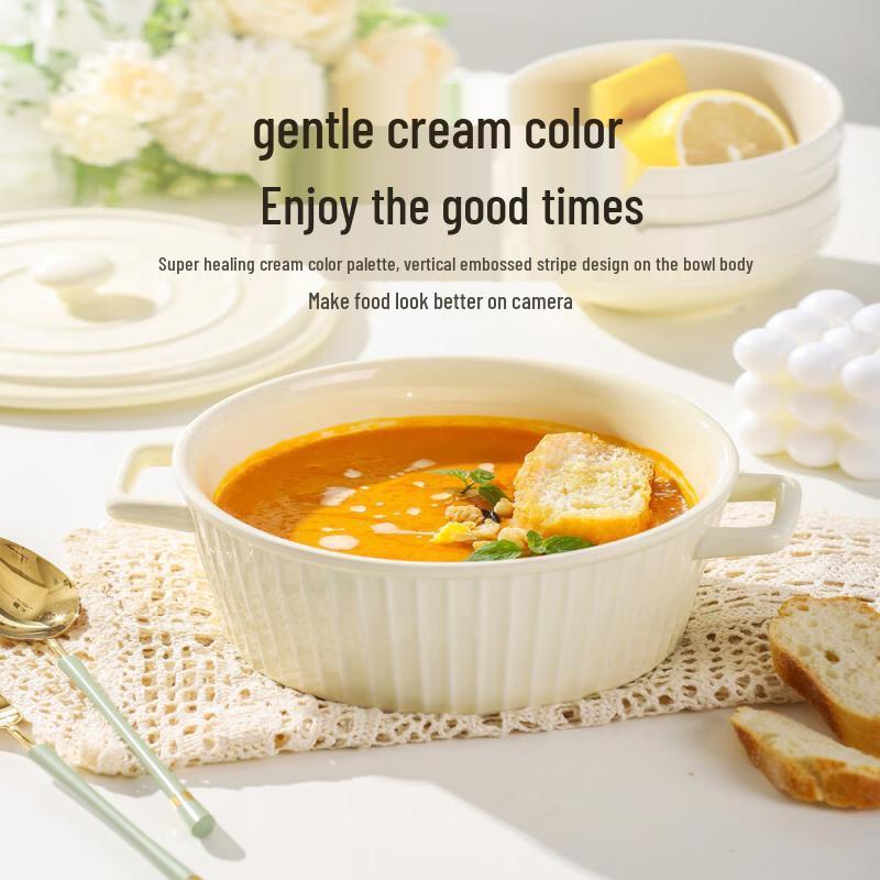 Cream Style Ceramic Double-Handled Soup Bowl with Lid